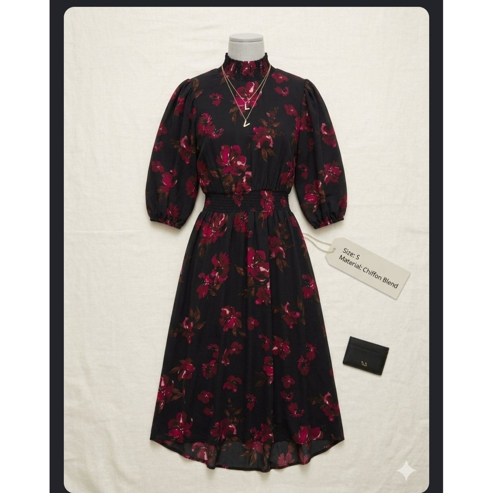 Nanette Lepore Floral Smocked Mock Neck High-Low Midi Dress Black Magenta Size 2